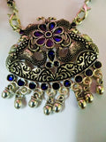 German silver pendant style necklace with swan design earrings having blue stone beads 3f-126