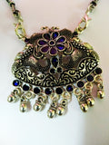German silver pendant style necklace with swan design earrings having blue stone beads 3f-126