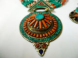 Sea green turquoise and orange beaded necklace with earrings  2d-130