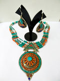 Sea green turquoise and orange beaded necklace with earrings  2d-130