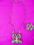 Lakshmi god pendant with swan and 3 hanging jhumkas with green stone 3f-124