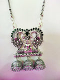 Lakshmi god pendant with swan and 3 hanging jhumkas with green stone 3f-124