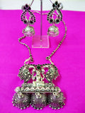 Lakshmi god pendant with swan and 3 hanging jhumkas with green stone 3f-124