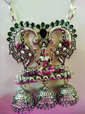 Lakshmi god pendant with swan and 3 hanging jhumkas with green stone 3f-124