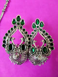 Lakshmi god pendant with swan and 3 hanging jhumkas with green stone 3f-124